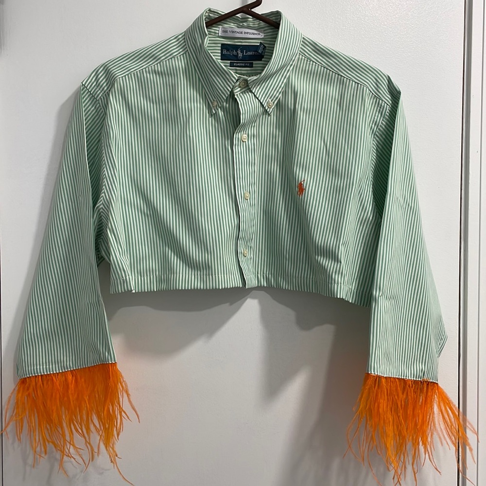 The Vintage Influence Cropped Ralph Lauren Button Up With Feathers Size S/M